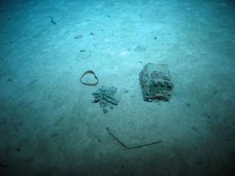 Brass drop nose pins linked by chain on seabed